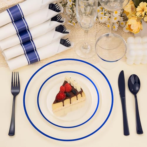Blue Disposable Plastic Plate Set for 50 Guests - 350 Pieces