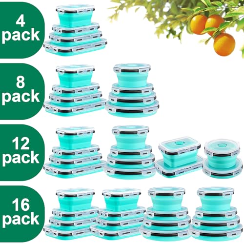 Sudaya 8 Pack Collapsible Food Storage Containers Set with Lids - Silicone Space-Saving Bowls for Travel and Camping