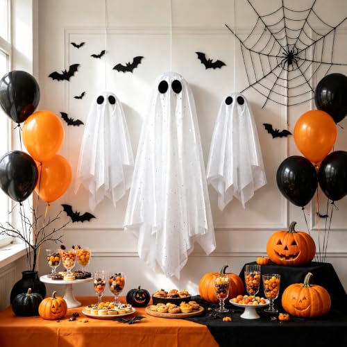 White Medium Hanging Ghost Decorations Set - Pre-Assembled Halloween Ghosts with Remote & Warm Glow