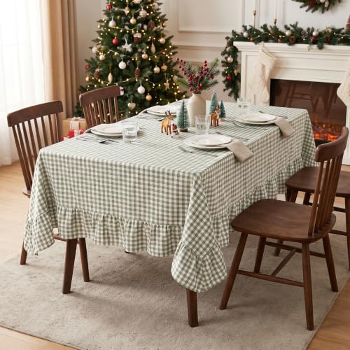 PartyDelight Sage Green Gingham Tablecloth with Ruffle 52x70 Inch Rectangular Farmhouse Decor