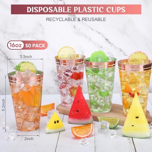 Sliner 16 oz Rose Gold Rim Disposable Plastic Cups, 50 Pcs per Pack (Pack of 3) – Heavy Duty Double Rim