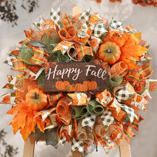 Autumn Fall Wreath for Front Door 20-Inch Mesh Bow with Wood Sign - Orange Green Variation