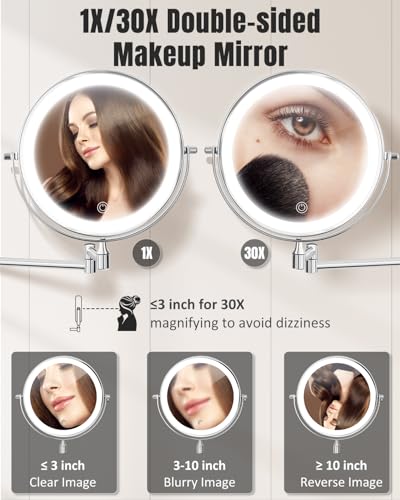 Chrome 8-Inch Wall Mounted Lighted Magnifying Makeup Mirror - 30X/1X Double-Sided with Adjustable Brightness