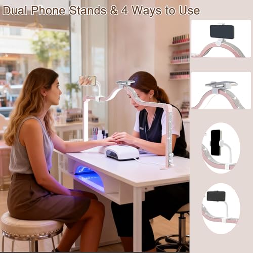 Pink Nail Lamp with Dual Phone Holder - 34" Large Desk Light for Manicure & Crafting