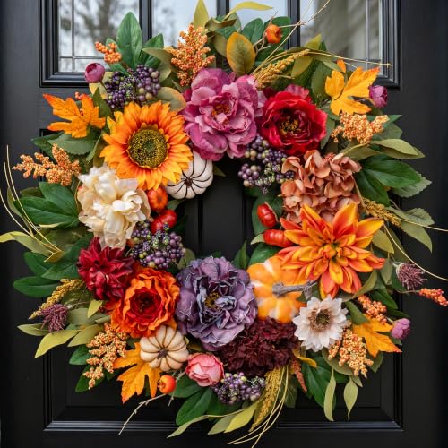 24 Inch Fall Wreath for Front Door Autumn Harvest Decor Lifelike Flowers