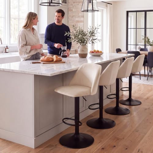 Adjustable Upholstered Bar Stools Set of 2 Beige - 360° Swivel Counter Height Chairs with Stable Metal Base