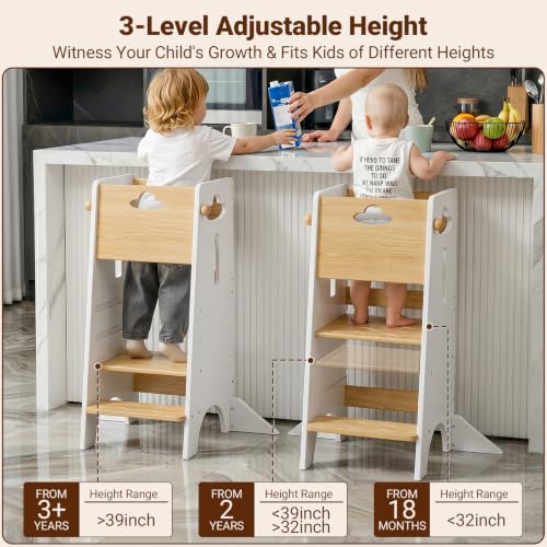 COSYLAND Toddler Kitchen Standing Tower with Safety Rail - Natural & White, Adjustable & Stable Toddler Step Stool