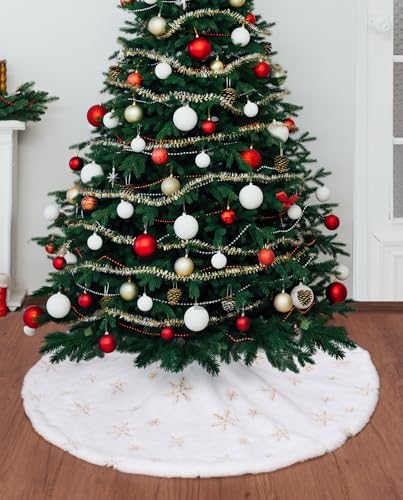 Tihulek 36-Inch White Faux Fur Christmas Tree Skirt with Gold Sequin Snowflakes - Perfect for 4-6FT Trees