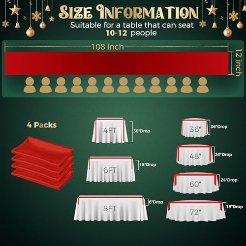 COSINIA 4 Pack Red Satin Table Runners 12 x 108 in - Reusable Seamless Design