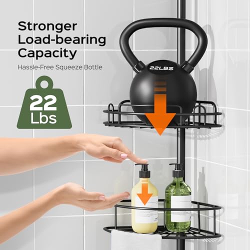HAMITOR Corner Shower Caddy Tension Pole No-Drill Rustproof Bathroom Shelf - Black