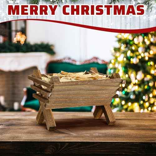 Menkxi Baby Jesus Manger Ornament Wooden Manger with Natural Hay Jesus Nativity Scene Decoration Religious Christmas Decoration Mini Manger for Indoor Nativity Scene