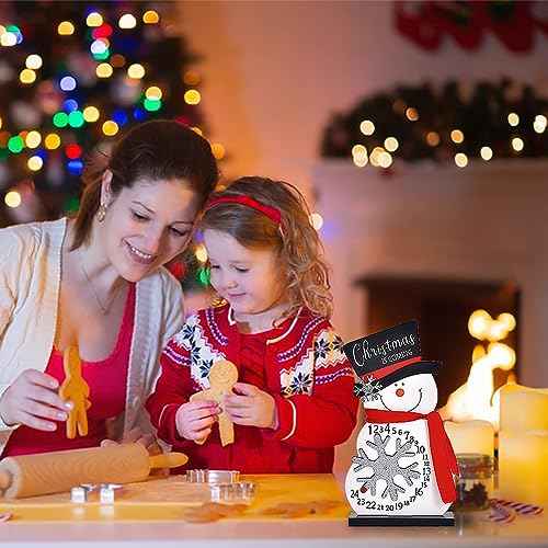 Christmas Countdown Advent Calendar, Wooden Snowman Christmas Decoration, Rustic Farmhouse Merry Christmas Sign, Festive Xmas Decor Centerpiece for Home Table Tiered Tray Mantel (Wood)