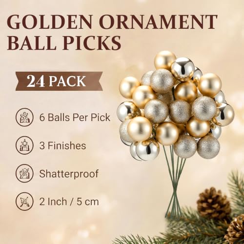 Soulchen 24 Pack Gold Christmas Ornament Picks - Shatterproof Holiday Decor