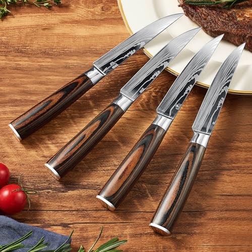 Senken Non-Serrated Damascus Pattern Steak Knife Set of 6 - Razor Sharp Stainless Steel & Wood Handles