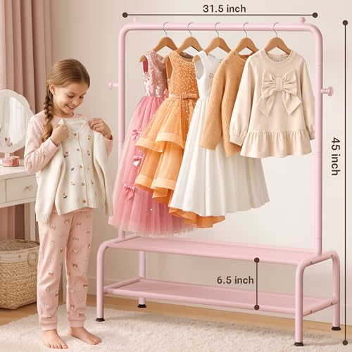 Kids Clothing Rack with Shelves - Pink Dress Up Storage for Little Girls