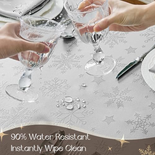 Romanstile Silver Christmas Jacquard Tablecloth 60 x 102 in with Snowflake Pattern