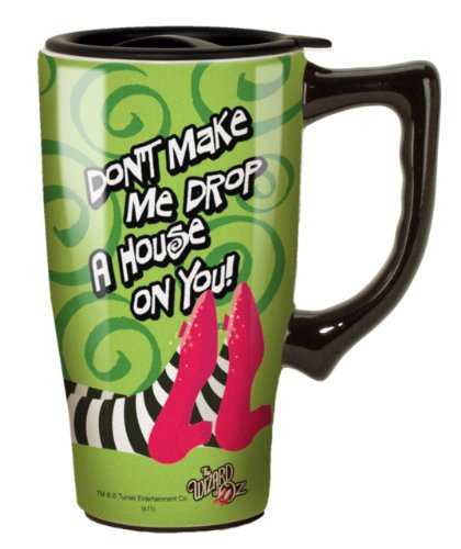Spoontiques Wizard of Oz Drop A House On You Ceramic Travel Mug with Lid - Double Walled, Spill Proof, 18oz