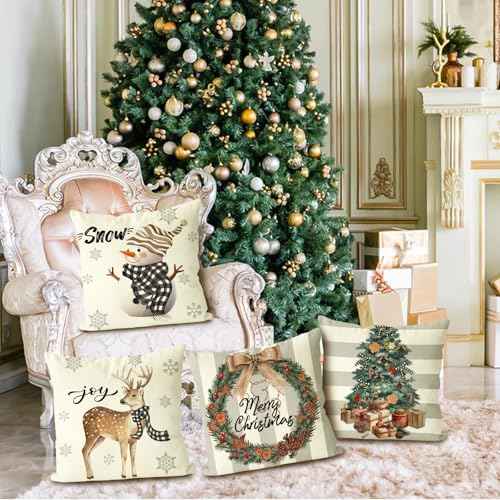 Christmas Pillow Covers 18x18 Set of 4, Decor for Sofa Couch, Indoor Outdoor Decorations, Throw Pillow Cases for Winter Xmas Holiday Farmhouse Party