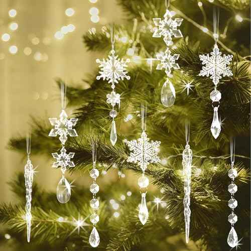 18 Pieces Christmas Ornaments for Christmas Tree Decorations - Clear Hanging Acrylic Snowflakes and Icicles with Pendants for Winter Wonderland Party Supplies, New Year Party DIY Decorations