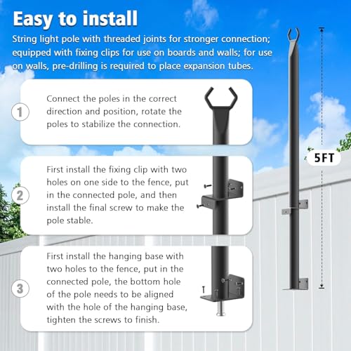 AHRLHR 6 Pack 5FT Outdoor String Light Poles with Fixing Clips, Adjustable Metal Garden & Deck Lighting Supports