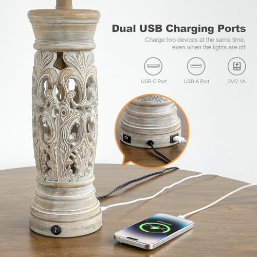 27.25” Farmhouse Table Lamps Set of 2 with Night Light, Distressed Light Wood Finish