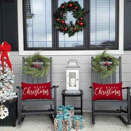 RABUSOFA Merry Christmas Pillow Covers 12x20 Inch,Red Xmas Decor Winter Holiday Outdoor Lumbar Cushion Case Decoration for Home Sofa (Red, 20" x 12" (Pack of 1))