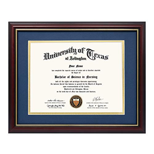 GraduationMall Cherry Wood Diploma Frame with Gold Trim - Navy Mat or No Mat, 8.5x11 or 11x14 Display