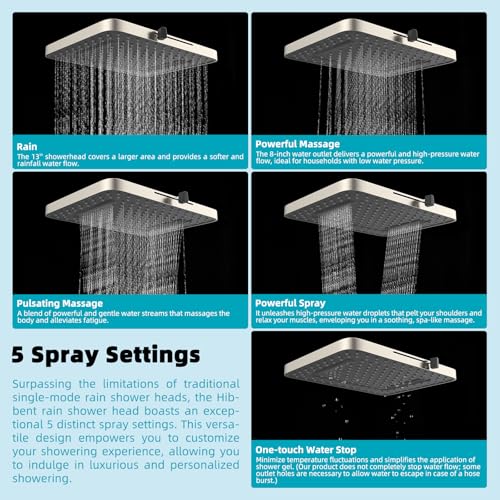 Square 13-Inch High Pressure Rain Shower Head with 5 Spray Modes & 16-Inch Arm - Brushed Nickel