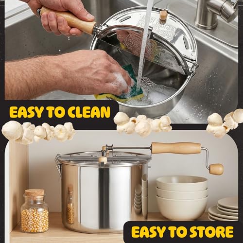 Stovetop Popcorn Maker 6.5 Quart Stainless Steel Silver with Stirring Handle