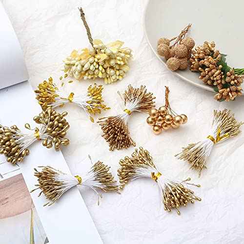 8 Style Flower Stamen Pistil Artificial Gold Flower Stamen Fake Berries Stamen Pistil for DIY Scrapbook Home Decoration (Gold)