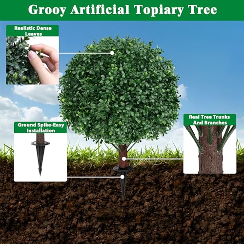 Artificial Boxwood Topiary Ball Tree Set of 4 with Ground Spikes - 16x16x23 Inches - Outdoor & Indoor Decor