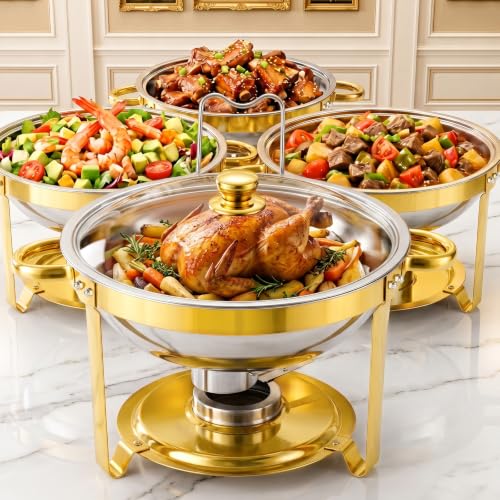 Gold 4 Pack 6QT Stainless Steel Chafing Dish Set with Glass or Steel Lids - Buffet Food Warmer for Parties & Weddings - Golden / 4pack