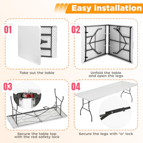 8ft Folding Table - White Portable Plastic Event Table with Locking Legs