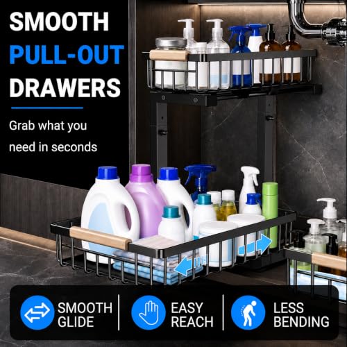 GeeBom Under Sink Organizer 2 Pack - Black, 11.8W x 15.9D x 13.8-16.9H Double Sliding Metal Shelves