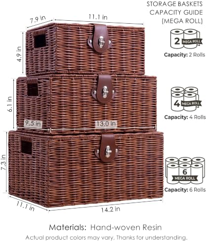 Natural Woven Wicker Storage Basket Set with Lids Handles - Nursery & Home Organizer