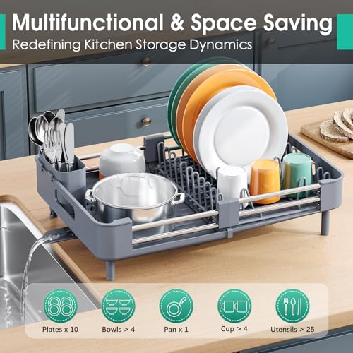 Expandable Dish Drying Rack for Kitchen Counter - Grey, Standard