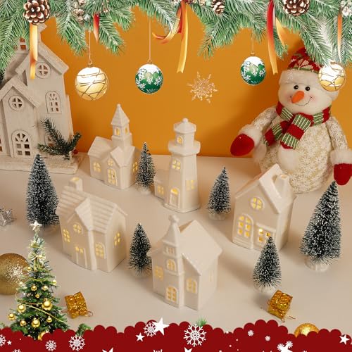 White Ceramic Christmas Village Houses Set with Timer & LED Lights