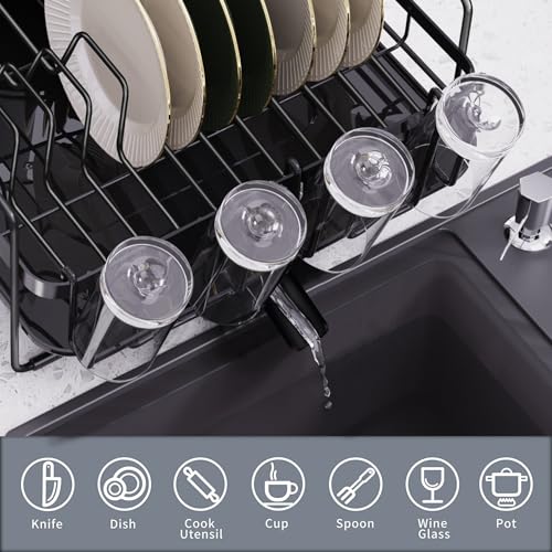 Extendable Dish Drying Rack - Black, Adjustable Countertop Drainer with Drainboard
