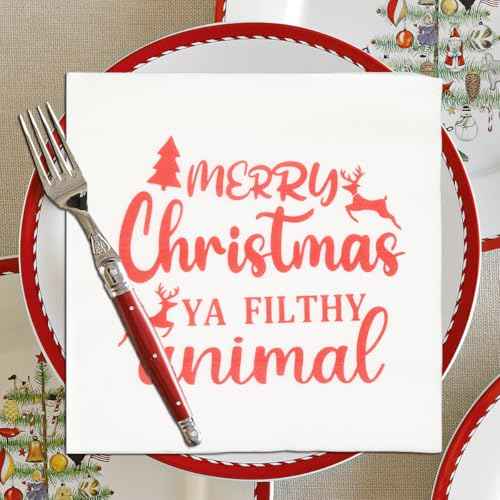 Merry Christmas Ya Filthy Animal Napkins, Christmas Vacation Party Decorations, ZJ National Holiday Party Decorations Napkins(5 x 5 In, Red Foil, 50-Pack)