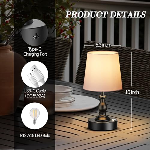 Mini Cordless LED Table Lamp - Rechargeable Battery, 3-Level Touch Dimmable, Bedside Night Light, Matte Black