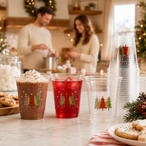 Christmas Gingham Tree Disposable Cups 12oz Pack of 100 - Festive Drinkware