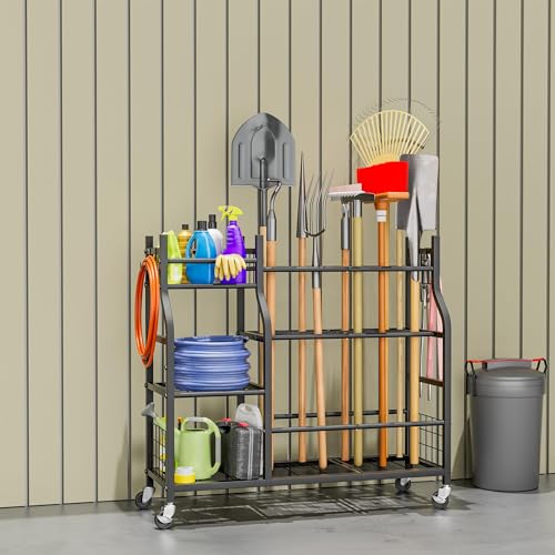 Black Garden Tool Organizer with Wheels - Multi-Tier Garage & Shed Storage, Side Hooks, 37.2 x 12.6 x 34.4 Inches