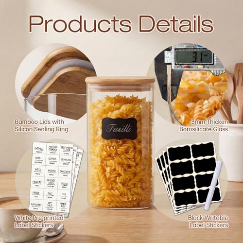 42 oz Square Glass Food Storage Containers with Airtight Bamboo Lids - 4 Pack