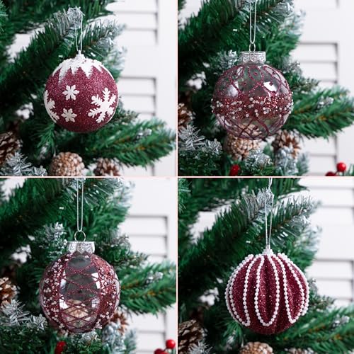 Burgundy Christmas Ornaments Set 12 pcs 3.15-inch Glitter Holiday Hanging Balls