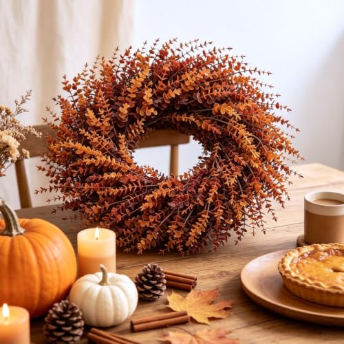 26in Fall Orange Eucalyptus Wreath - Artificial Autumn Decor, Large