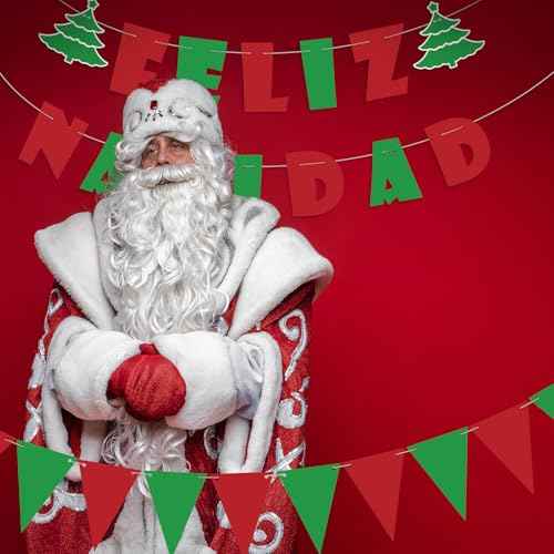 5 Pieces Feliz Navidad Banner Mexican Christmas Decorations Red Green Spanish Christmas Banner Merry Christmas Bunting for Xmas Holiday Party Office Indoor Home Decor
