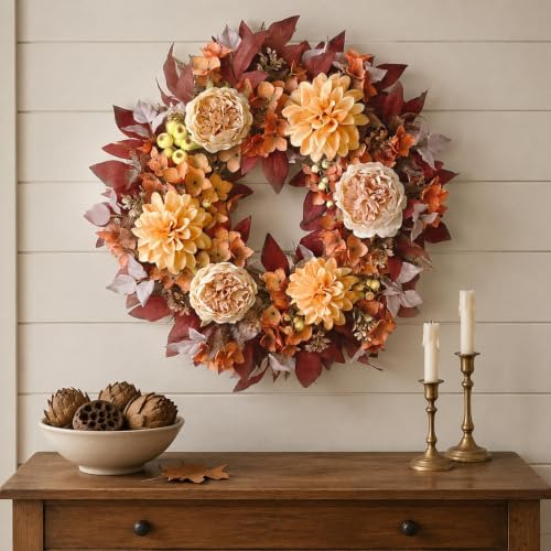 24-Inch Fall Artificial Peony Dahlia Wreath for Front Door Decor - Autumn Leaves