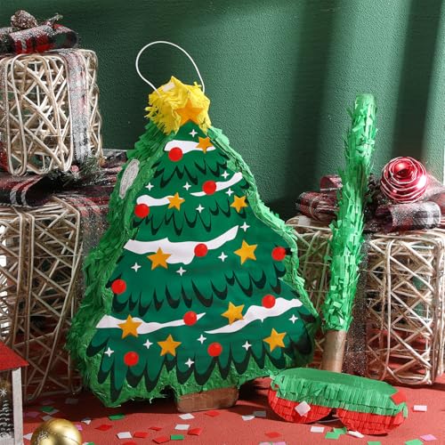 Christmas Tree Piñata Decorations 16in Kit with Stick, Confetti & Blindfold – Red & Green