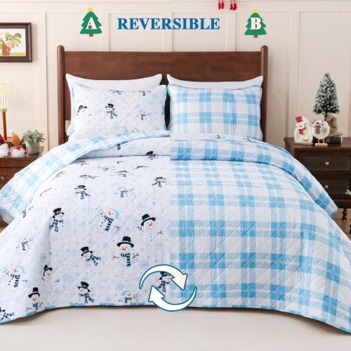 Invoibler Baby Blue Reversible Christmas King Quilt Set 96 x 106 inches