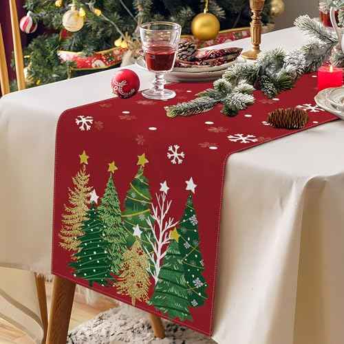 Christmas Table Runner 13x72 Inch, Red Snowflakes Pine Tree Table Decors for Seasonal Winter Xmas Holiday Home Kitchen Dining Party Indoor Outdoor